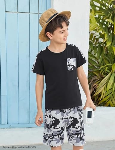 Image of mksodopy Boys Summer Outfit Set 2 Piece T Shirt and Camo Shorts Casual Clothes for Little Big Boys 5-16