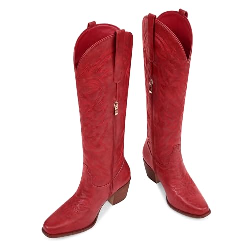 Ouepiano Cowboy Boots for Women Cowgirl Knee High Boots with Classic Embroidered Pull On & Side Zipper Pointed Toe Chunky Heel Vintage Country Western Wide Calf Botas3