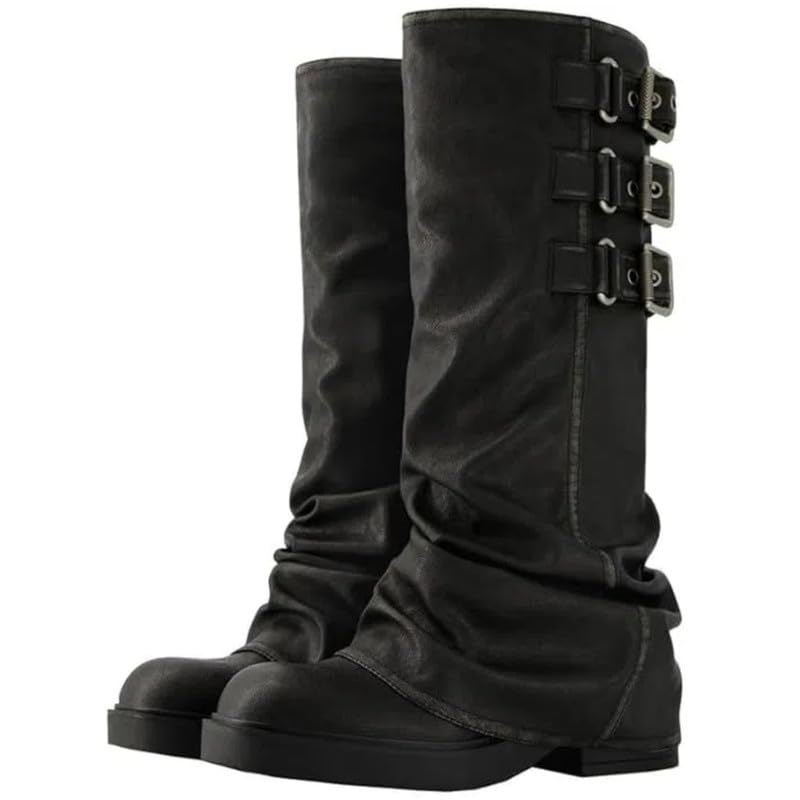 Seborluys Fold Over Knee High Boots for Women Slouchy Chunky Goth Platform Boot Wide Calf Round Toe Pull On Riding Low Heel Platform Shoes with Buckle 5