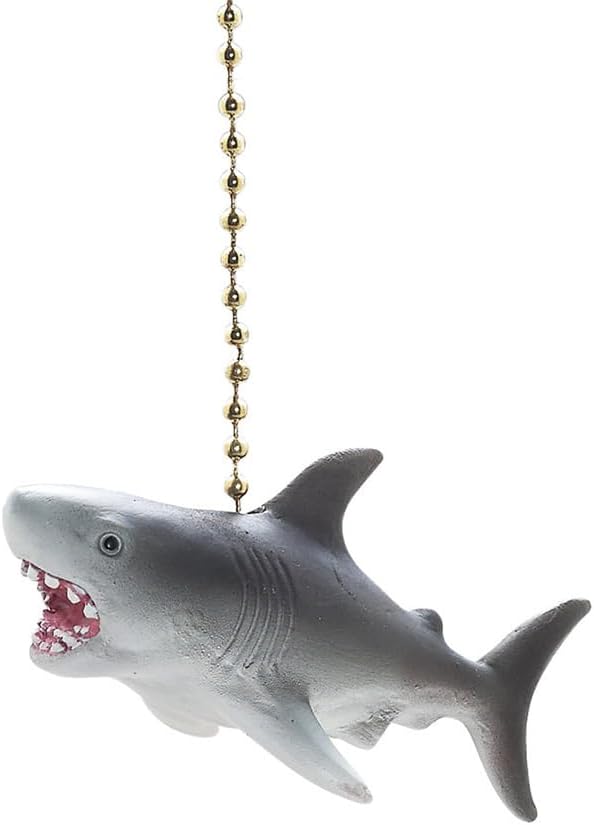 Clementine Designs Great White Shark Ceiling Fan Pull Chain Light Decorative Extension with 6" Gold Accent Chain, 3D Resin Design