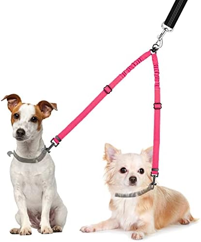 Nasjac Double Dog Lead Splitter, No Tangle 360 Rotation Dog Leash Coupler for Walking 2 Dogs, Adjustable Shock Absorbing Bungee Reflective Dual Lead for Two Pets Dogs Medium Large Training