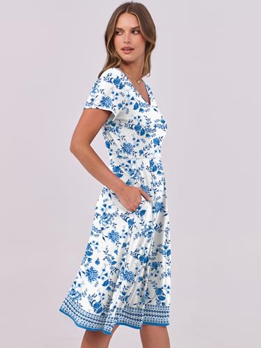 Image of ANRABESS Women Summer Dress Casual Short Sleeve V Neck A-Line Knee Length Pleated Flowy 2026 Fashion Midi Dresses with Pocket