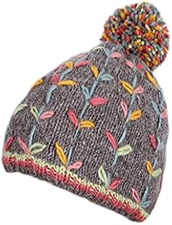 Women Wool Beanie Bobble Hat Fleece Lined Handknitted Flower Embroidered Grey One-Size Handmade Extra Warm Pachamama Fair Trade