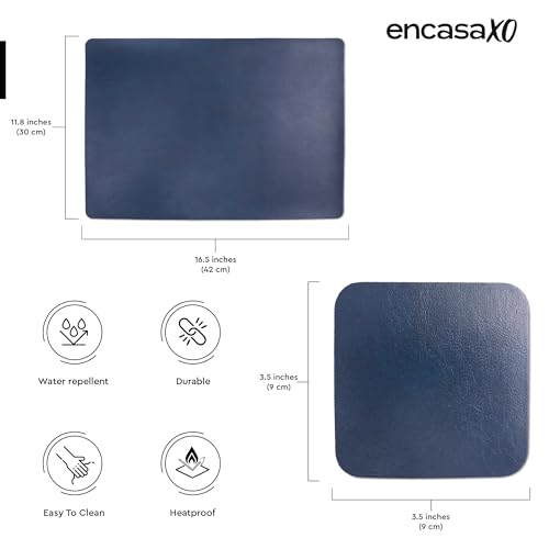 Image of Encasa XO Leather Dining Table Mat Set of 6 + 6 Coasters, 42x30 & 9 cm | Water & Heat Resistant Double-Layer Dining Table Mats | Wipeable & Durable Grey & Blue Placemats for Dining Table