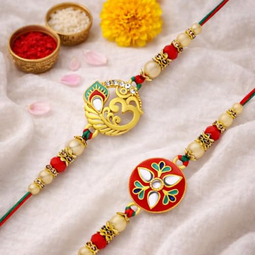Image of Riddhika Ventures Glorious Gold Plated Religious Diamond Ring Rakhi || Traditional Rakhi Set of 2 & Festive Gift || Rakhi Gift Combo for Brother