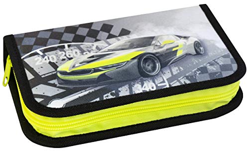 Eberhard Faber 577574 - Schüler-Etui Race Car mit Innenklappe und Reißverschluss, Feder-Mappe befüllt mit 32 Buntstiften und anderen Schreib- und Zeichenutensilien, für Vorschule und Schule