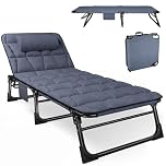 ATORPOK SHOP Foldable Sun Lounger with 4-Position Adjustable Backrest, Portable Multi-Use Camping Bed & Reclining Chaise Chair for Garden/Beach/Pool/Patio, Includes Padded Mattress & Pillow - Blue