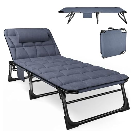 ATORPOK SHOP Foldable Sun Lounger with 5-Position Adjustable Backrest, Portable Multi-Use Camping Bed & Reclining Chaise Chair for Garden/Beach/Pool/Patio, Includes Padded Mattress & Pillow - Blue