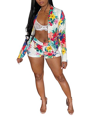Women Floral Print Casual Two Pieces Suit Set Long Sleeve Blazer Shorts Outfit XXL White