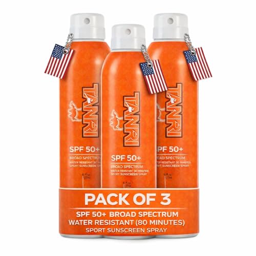 Image of TANRI Reef Safe Sunscreen Spray SPF 50+ Broad Spectrum Face & Body, 6 fl oz | UVA /UVB Sun Protection Spray | Aerosol, Oxybenzone, Octinoxate, Parabens, Silicone Free | USA Made Outdoor Activities (3 Pk)