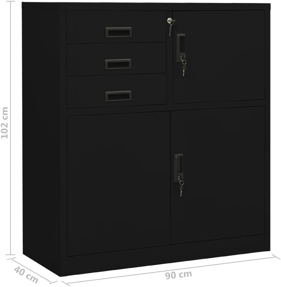 vidaXL Office Cabinet, Storage Cabinet with Lock, Lockable Metal Cabinet for Home and Office, Filing Storage, Industrial Style, Black Steel