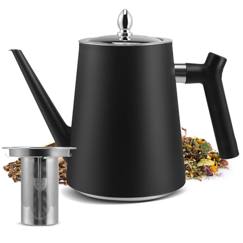 Teekanne Edelstahl mit Siebeinsatz, 1.5L Schwarzer Teekanne mit Hitzebeständigem Griff für Obstkräuter und Infusionstee, Doppelwandig isolierte Edelstahl teekanne Für Tee Kaffee (1)
