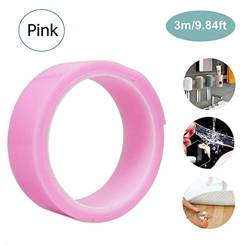 Tekemai Cintas adhesivas transparentes Traceless, Nano Tape,Adhesivo antideslizante, Cinta transparente reutilizable de doble cara, de colocar en la pared/azulejo/escritorio - 9.84ft/Rosado(Pink?