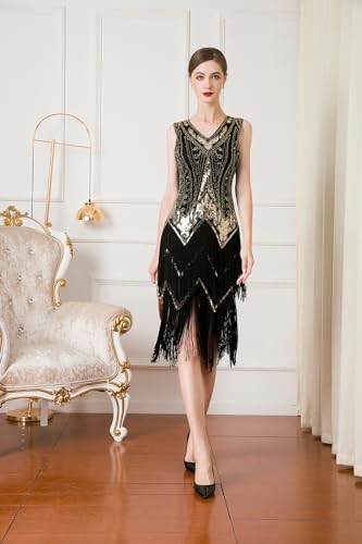 Image of Women Flapper Dresses 1920s V Neck Beaded Fringed Great Gatsby Club & Night Out Dresses