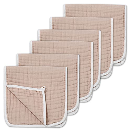 CottCare Muslin Burp Cloths for Baby 100% Cotton Large 20''X10'' 6 Layers Thicken Super Soft and Absorbent (6 Pack,Brown)