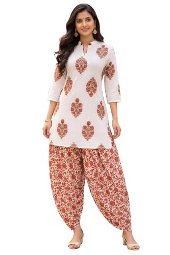 Image of Women's Cotton Floral Print Kurta Patiala Pant Set, White and Purple Traditional Indian Ethnic Wear with Damask Pattern