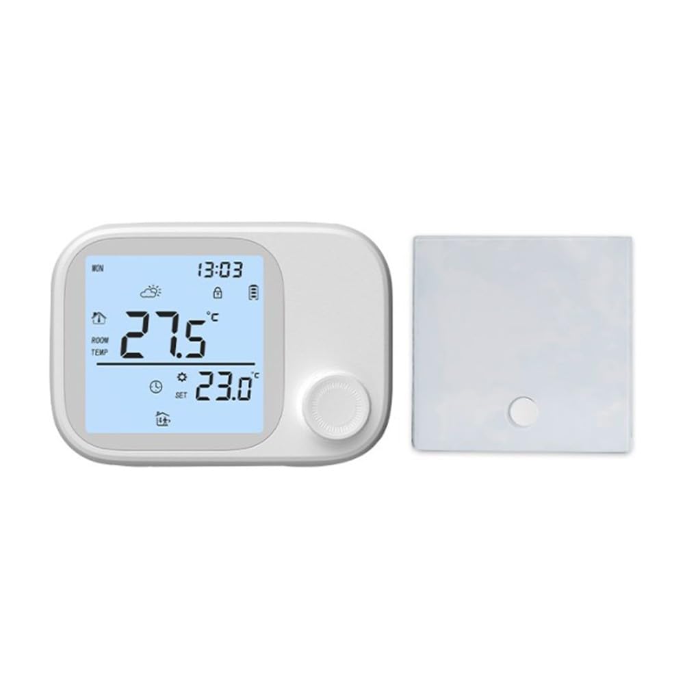 Tuya Termostato con Ricevitore Wireless RF433, Regolatore di Temperatura Digitale Programmabile Alexa, Schermo Full Touch, 300 m per Portata, Ricaricabile USB, Bianco