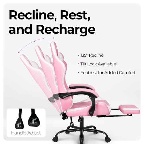 Image of N-GEN GAMING Gaming Chair with Footrest, Lumbar, High-Back, Pink White | Reclining Backrest, Linkage Armrests, Durable PU Leather, Adjustable Comfort for Extended Computer, Desk, or Home Office Use