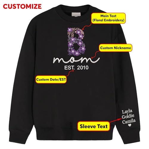 Custom Embroidered Sweatshirt, Personalized Floral Letter, Custom Name & Text, Gift for Mom, Grandma, Christmas3