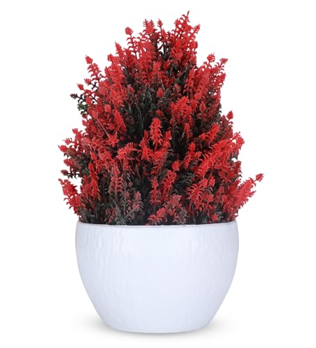 Image of Foliyaj Artificial Red Thick Bush Plant in White Pot | Faux Plants for Home Decor | Decorative Items for Living Room | Fake Plants for Decoration | 15 cm x 15 cm x 24 cm