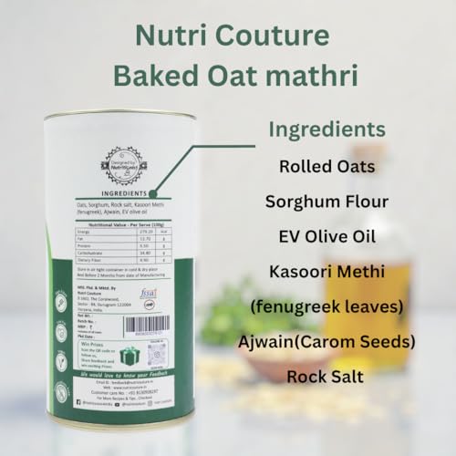 Image of Nutri Couture Baked Oats Mathri Kasoori Methi | Healthy Namkeen Snack | High Fiber, Low Fat, Diabetic Friendly | Wheat Free, Vegan | Made in Olive Oil, No Palm Oil, No Preservatives | Crispy Tea Time Snack