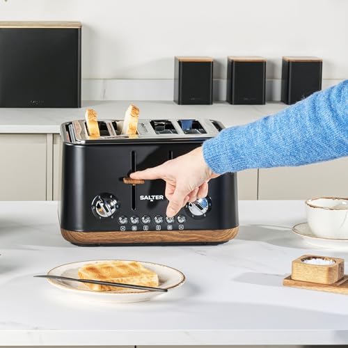 Salter EK5823BLK Toronto 4-Slice Toaster – Wide Slots, 6 Browning Levels, Removable Crumb Tray, Defrost, Reheat, Cancel, Self-Centring Function, High-Lift Eject, 1630 W, Wood Effect/Black, Plastic