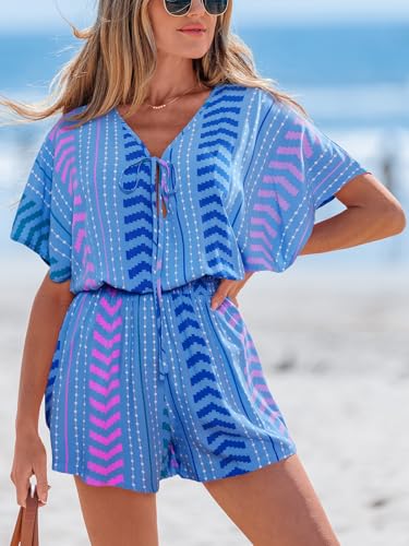 Image of CUPSHE Womens Summer Romper Short Sleeve Plunge V Front Tie Wide Leg Jumpsuit Elastic Waist Beach Workout Romper Outfits
