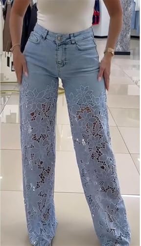 Women's Lace Patchwork Hollow Jeans, Casual Vintage Baggy Straight Wide Leg Denim Pants, Patchwork Floral Jean4