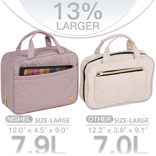 Image of NISHEL Travel Toiletry Bag for women, Portable Hanging Organizer for Full-Sized Shampoo, Conditioner, Brushes Set, Makeup Accessories, Large Size, Peach Pink