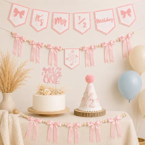 Image of 1 /2 Birthday Girl Half Birthday Decorations Pink Bow It's My 1 /2 Birth Banner Glitter Cake Topper Ribbon Bow Wood Bead High Chair Banner & Cone Hat 6 Months birthday Decorations Party Supplies (Pink)