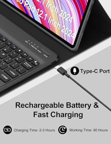 Image of Keyboard Case for Redmi Pad Pro / Xiaomi Poco Pad 12.1 Inch Case with Keypad, Detachable Bluetooth Key Board Cover with Pen Holder for Xiaomi Redmi Pro 12.1 inch 2024 Release, Portable & Functional, Black