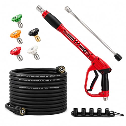 Pressure Washer Gun and Hose Kit 25FT Pressure Power Washer Hose with Spray Gun Wand Extension 5 Nozzle Tips M22-14mm Fittings 3600 PSI