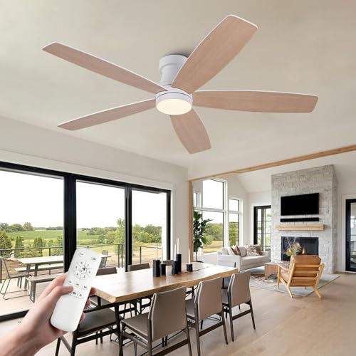 Image of 52 inch White Flush Mount Ceiling Fans with Lights and Remote,White Bedroom Ceiling Fan with Lights, Low Profile Ceiling Fan with Light For Bedroom Outdoor, Memory Fuction Quiet DC Motor