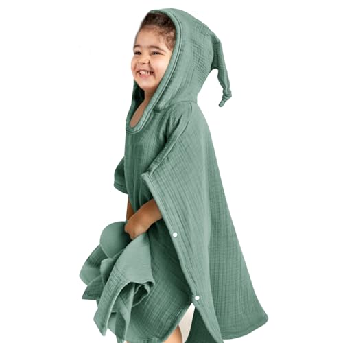 Image of lulumoon Hooded Baby Poncho Towel: Muslin Bath Poncho for Toddler - Kids Beach Poncho Towels 23"x24" (Green)