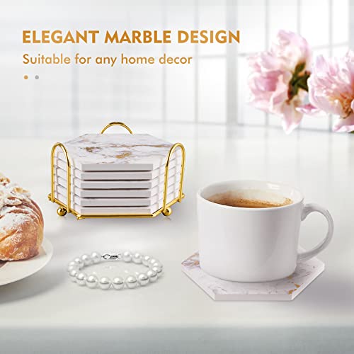 Marble Coasters for Drinks Absorbent with Cork Base,Drink Coasters Set of 6 for Table,Ceramic Coaster with Holder,Home Decor Coffee Cup Beverage Wine Beer Bar Coaster (Gold03) - Image 3