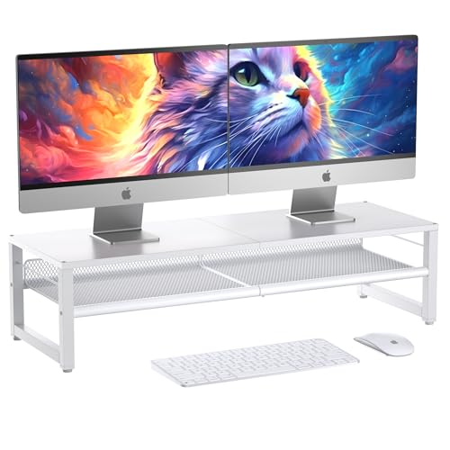 ECOLOVI Desk Organizers and Accessories, Dual Monitor Stand Riser for Desk Organizer, Computer Stand Desk Accessories Workspace Desktop Organizer for Laptop, PC, Computer, White