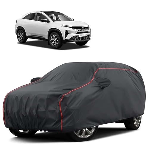 Image of Sulfar 100% Water Resistant Car Body Cover Compatible with Mirror for Tata Curvv (Triple Stitched, Full Bottom Elastic, Dark Grey Tafetta with Red Piping)