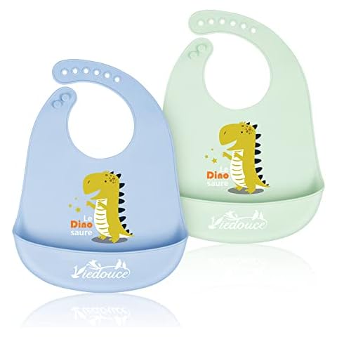 Viedouce Baby Bibs Silicone Feeding Bibs - Waterproof Weaning Bibs,Adjustable Silicone Baby Feeding Bibs,Wide Food Crumb Catcher Pocket,Food Grade,Animal Design,Easily Wipe Clean,2 Pieces Cover