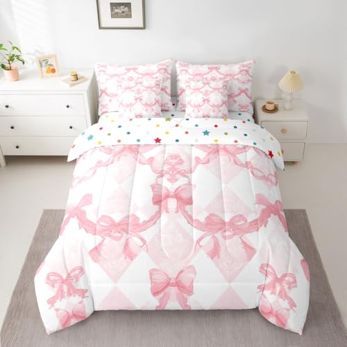Image of Watercolor Bow Bed in a Bag Queen Comforter Set 7-Piece | Pink Bow Tie Bedding Sets Dreamy Princess Style Bowknot Comforter and Sheet Set, Girly Pink Bow Room Decor,Cute Room Decor Aesthetic Kawaii
