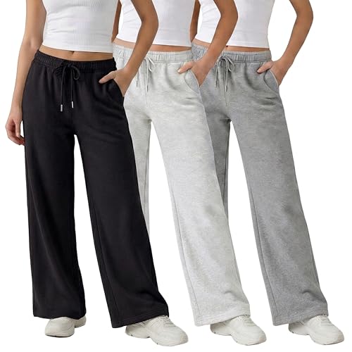 Common Stitch 3 Pack Wide Leg Fleece Lounge Sweatpants for Women — Deep Pockets, Relaxed Fit, Elastic Drawstring Waist
