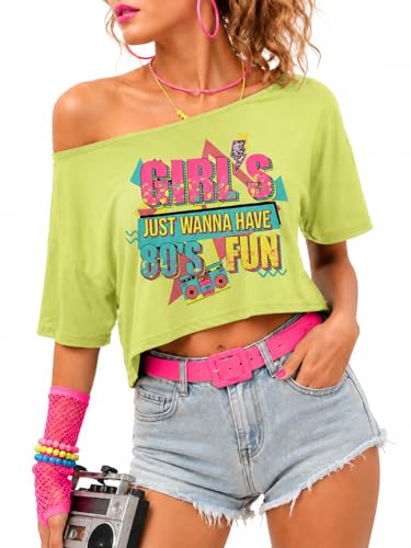 80s Shirt for Women Neon Off the Shoulder Crop Tops Girl's Just Wanna Have 80's Fun Graphic Tee