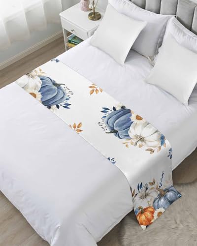 DecorLovee Fall Blue Pumpkins Bed Runners for Queen Size Bed, Orange Gray Thanksgiving Decorative Bed Throws for Foot of Bed, Botanical Bed Runner Sofa Throw Bedding Scarf Slipcover for Bedroom
