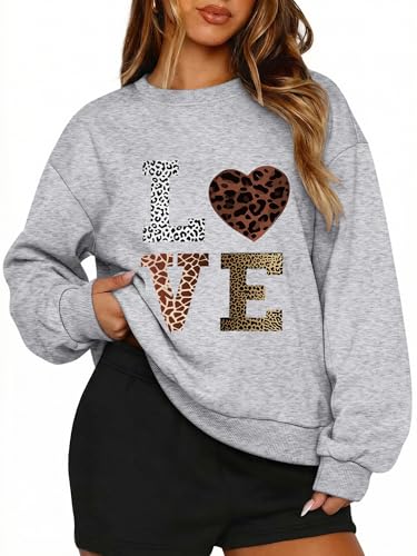 PEFYERVERY Women Sweatshirt Warm Crewneck Long Sleeve Pullover Plus Size Love Leopard Print Graphic Hip-Hop Y2k Street Oversize Style Sweater Gray L