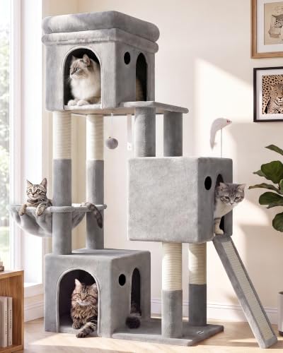 Image of Globlazer Heavy Duty Cat Tree for Indoor Cats Large Adult, F52B, Light Grey | 3 Condos, Extra-Large Baseboard, Removable Top Perch, 4 Sisal Posts & Board, Hanging Basket, Anti-Topple Strap, Easy Setup