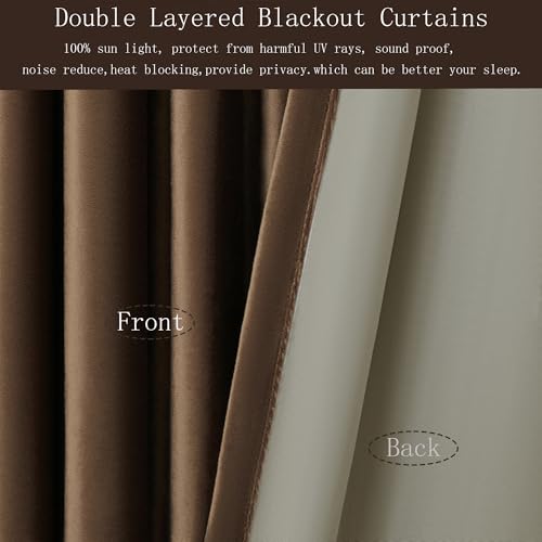 Image of PRIMROSE Full Blackout Brown Velvet Curtains 102 inch Long for Living Room,2 Panles Liner Rod Pocket Back Tab Thermal Window Curtains Room Darkening Heavy Curtain Drapes for Bedroom