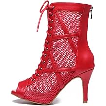 HIPPOSEUS Womens Dance Heels Lace up breatherable Net Yarn Ballroom Salsa Dance Shoes Ankle Dance Boots
