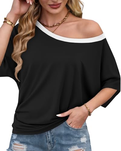 Image of Hilinker Womens Sexy Off The Shoulder Tops Short Batwing Sleeve T Shirt Oversized Casual Tee