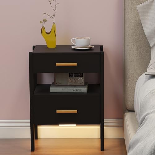 Image of Solid Wood Nightstand with 2 Drawers and Open Shelf Bedside Table End Table