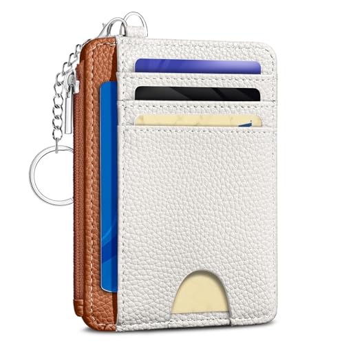 Image of Kelvoris White Caramel Credit Card Holder Small Wallet Women, Slim RFID | Keychain, Zipper Coin Pocket, Front Pocket Thin Travel Card Case, Minimalist, 6 Card Slots, 1 ID Window, Ladies Gifts Woman