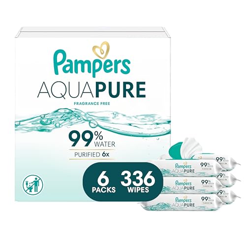 Pampers Aqua Pure Baby Wipes, 99% Water, Fragrance Free, 336 Baby Wipes Total (6X Flip-Top Packs) [Packaging May Vary]